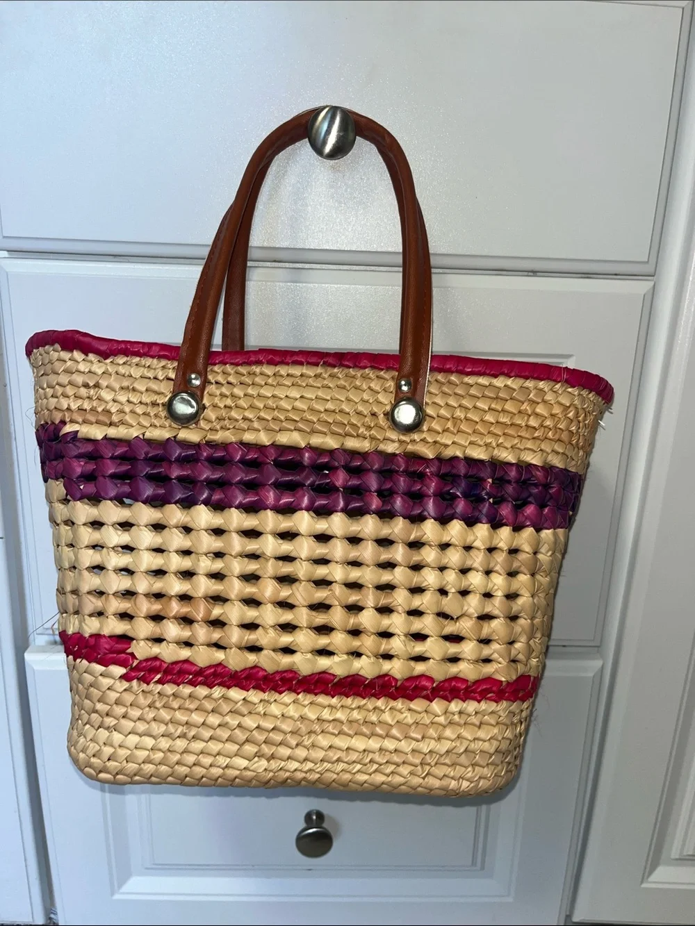 Woven Straw Basket Tote with Pink and Purple Accents